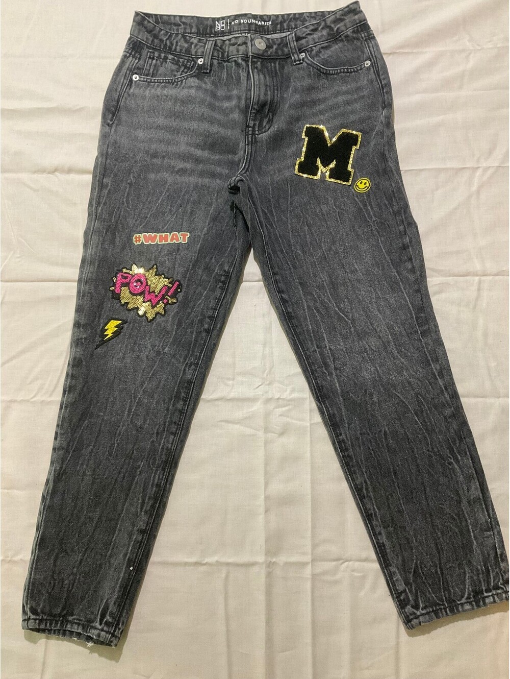 No Boundaries Women's Black Denim Jeans with Patches, Size 9